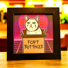 Load image into Gallery viewer, Fort butthole! Angry white cat in box! Kitten kitty vaporwave cute Funny meme - 5x5 inches Framed Album Cover Styled Art print!