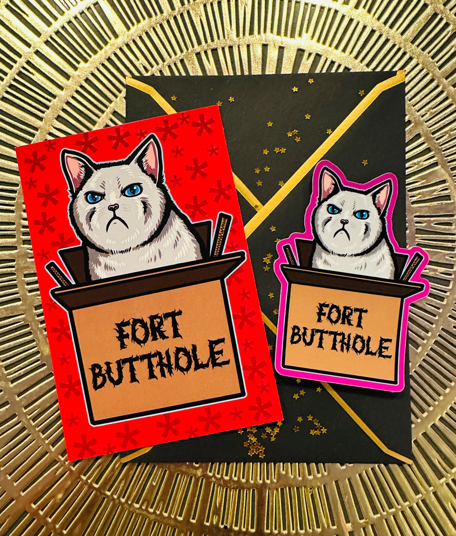 Postcard and Vinyl Sticker set! - Fort Butthole White Cat!