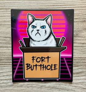 Fort Butthole Angry White Cat in Box - Waterproof Vinyl Big 4 inches!