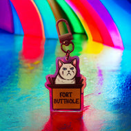 Fort Butthole angry white kitty cat Rainbow Holographic Keychain!