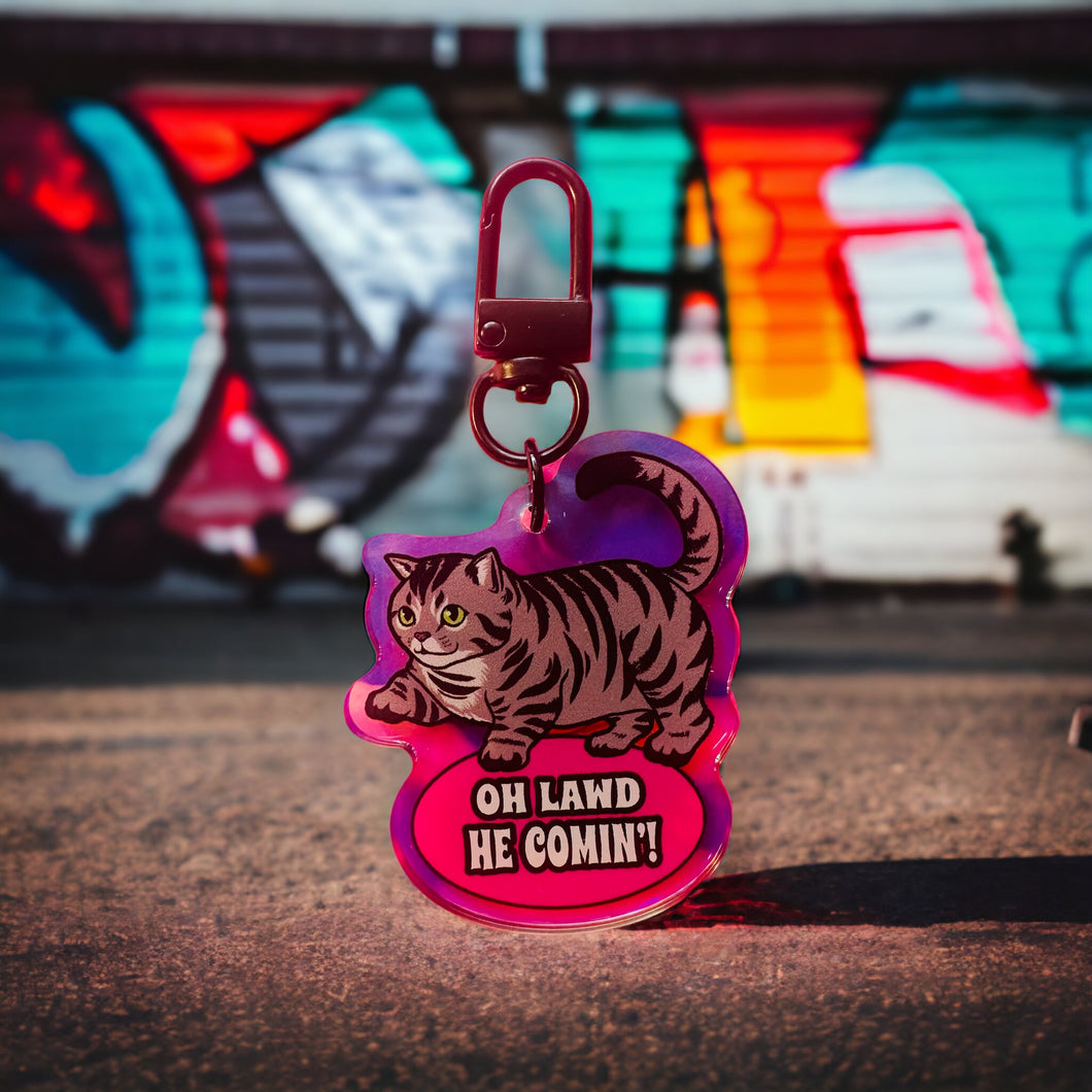 “Oh Lawd, He Comin!” Chubby kitty cat Rainbow Holographic Keychain!