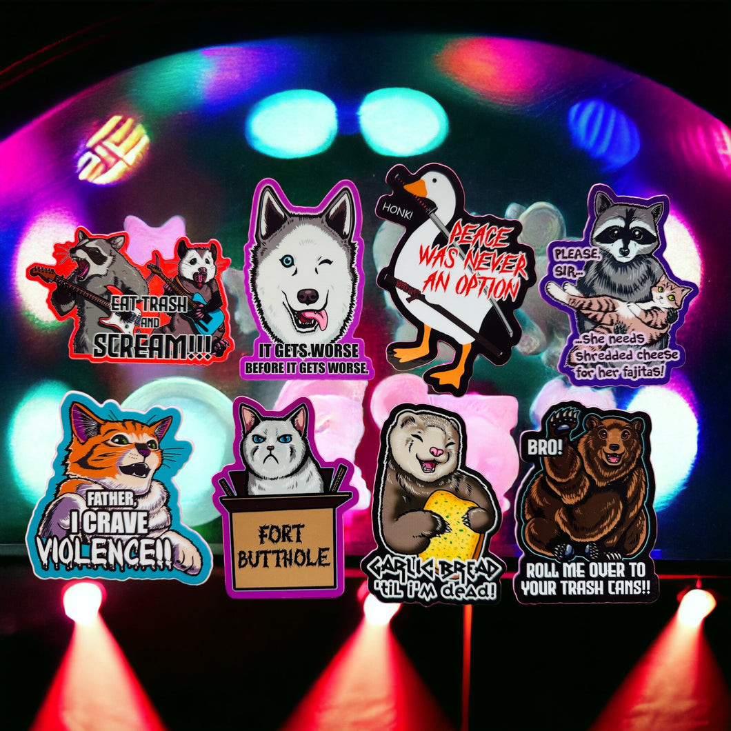 Animal Memes Funny Sticker bundle! Includes Kitty Cat, Husky, Goose, Raccoon, bear