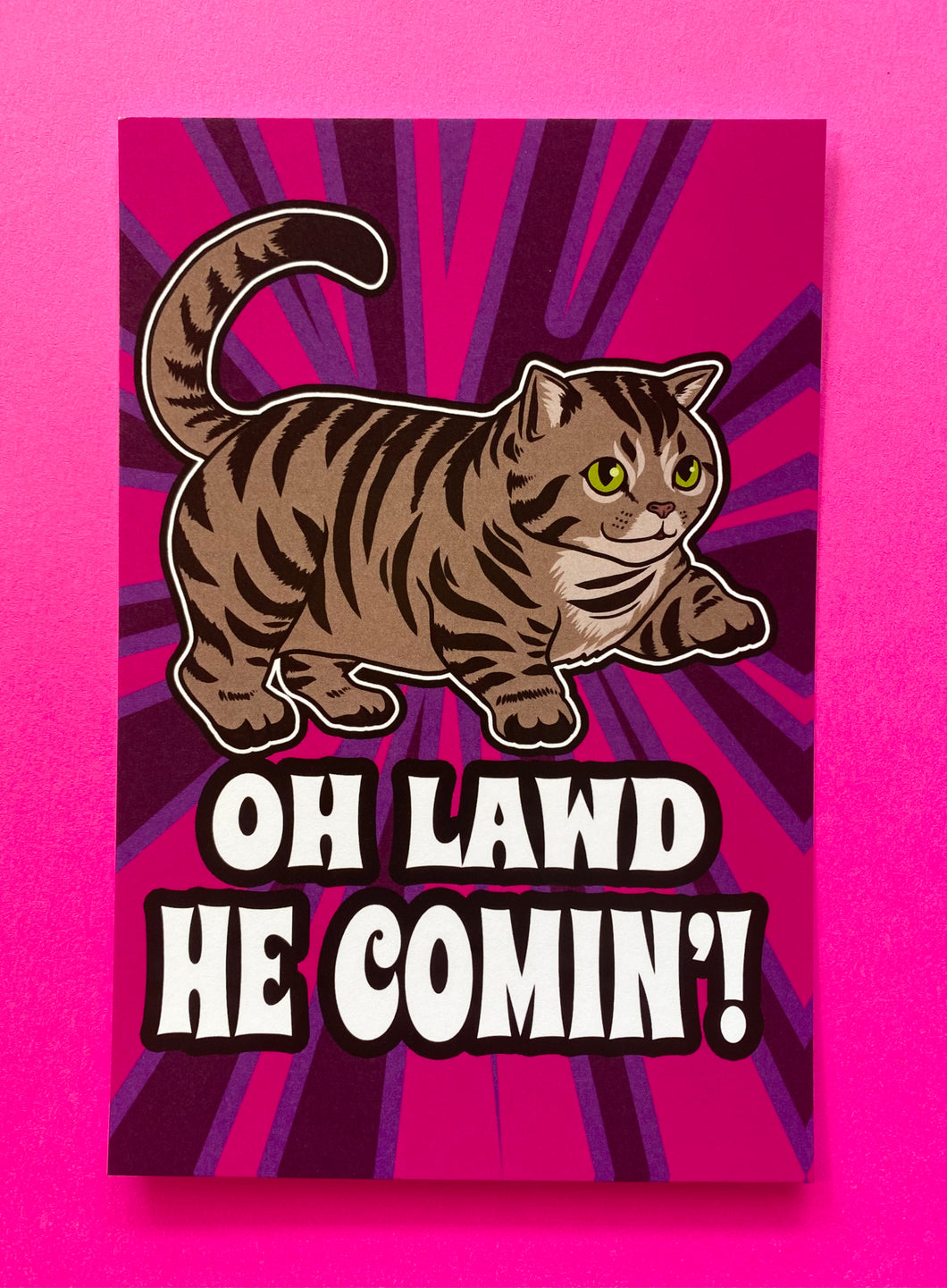 Oh Lawd, HE COMIN’! Chubby Grey Kitty Cat - Mini Art Print Postcard 4 x 6 inches