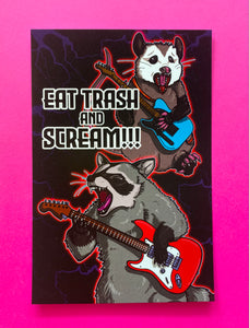 Eat Trash and SCREAM Raccoon and Possum with Guitars - Postcard Mini Art Print 4 x 6 inches